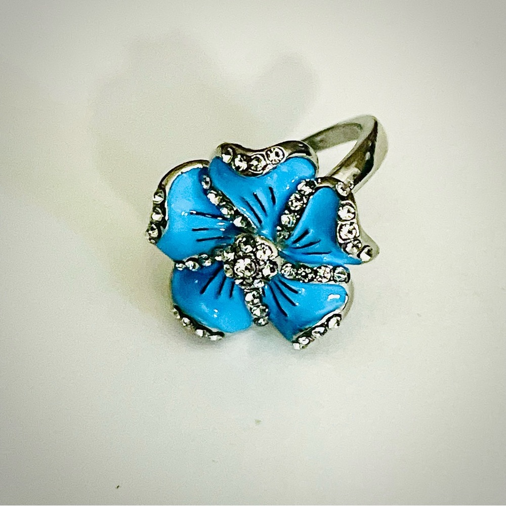 New Handmade Floral Sterling Silver Blue Hibiscus Flower Cocktail Statement Ring - Picture 2 of 7